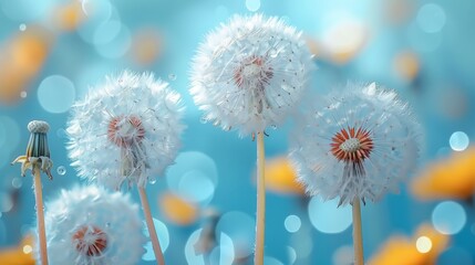 Abstract spring nature background, soft dandelions flower closeup