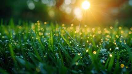 In the early morning, fresh morning dew covers a green spring grass. Sunny day concept. Natural...