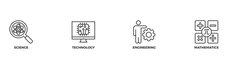 Fototapeta premium STEM banner web icon illustration concept for science, technology, engineering, mathematics education with icon of flask, microscope, artificial intelligence, processor, machine, and calculator