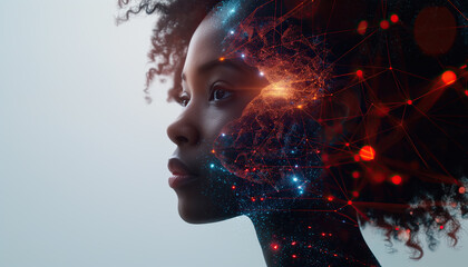 Double exposure image of an african american woman with the implantation chip in brain. Concept of the artificial intelligence integration for mental health - obrazy, fototapety, plakaty