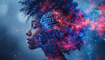 Double exposure image of an african american woman with the implantation chip in brain. Concept of the artificial intelligence integration for mental health - obrazy, fototapety, plakaty