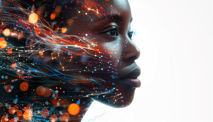 Double exposure image of an african american woman with the implantation chip in brain. Concept of the artificial intelligence integration for mental health