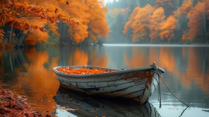Colorful autumn landscape. Nature in the background. Autumnal forest with lake and boat - obrazy, fototapety, plakaty