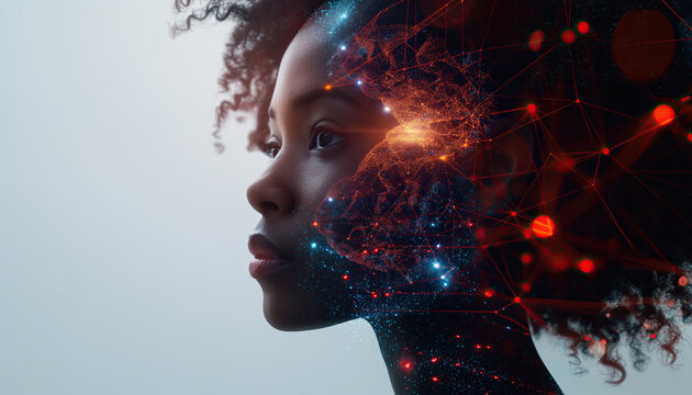 Double exposure image of an african american woman with the implantation chip in brain. Concept of the artificial intelligence integration for mental health