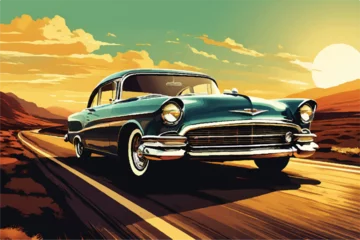 Poster Classic vintage car on highway illustration. Beautiful retro car driving along the highway. Summer road trip adventure, vintage car driving along a scenic coastal highway. Beautiful Vintage car. © Usama
