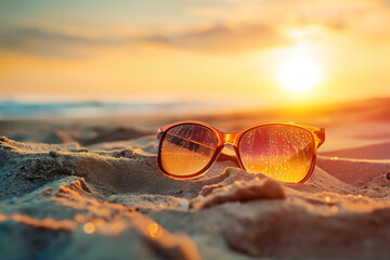 Fototapeta na wymiar Sunglasses on the beach with the sunset reflecting in the lenses, showcasing a serene summer vibe.