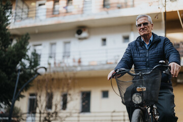 Active elderly gentleman cycling confidently in an urban environment with buildings in the background on a bright, sunny day.