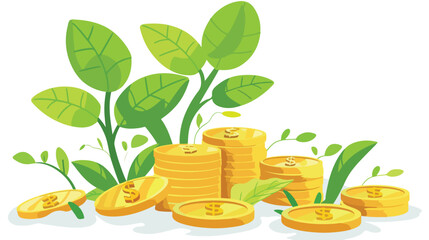 Fototapeta na wymiar Green plant and gold money coins over white background