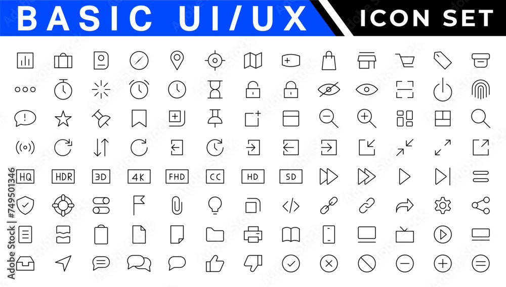 Poster basic ui ux icon set. set icon of user interface. vector illustration. editable stroke