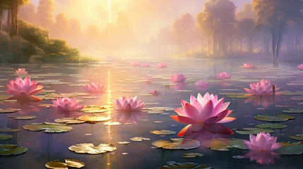 Foto op Canvas Morning Serenity Pink Lotus Flowers in the Golden  © Mahira
