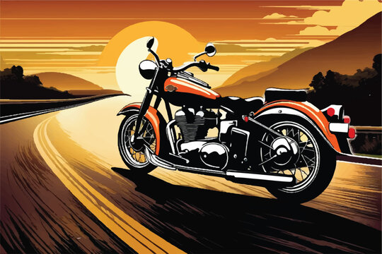 Vintage classic motorbike on highway illustration. Retro style motorbike illustration. illustration of classic motorcycle. Vintage motorcycle. Classic Motor bike on highway road.  Vintage motorcycle.