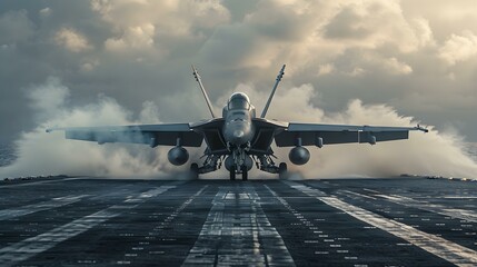 Fototapeta na wymiar Military aircraft carrier with jets taking off in warzone wide poster. Concept Military Aircraft Carrier, Jets Taking Off, Warzone, Wide Poster, Action Scene