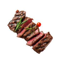 Grilled beef steak slices with spices on transparent background, png