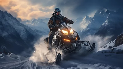 Fotobehang Man riding a snowmobile in the snow, winter races sport © Bhanuka