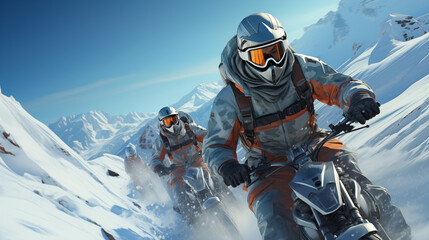 A group of people riding bikes in snow mountains