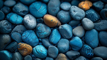 Background with abstract nature pebbles. Background with pebbles texture in blue. Stone background in blue vintage color. Sea pebble beach in turquoise. - obrazy, fototapety, plakaty