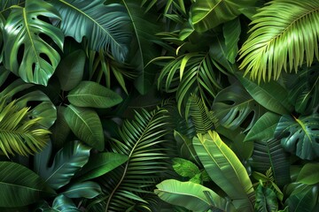 Lush green leaves fill the frame, creating a vibrant nature backdrop Artistic composition of an assortment of tropical plants with featuring different textures and shades of green, for a botanical 