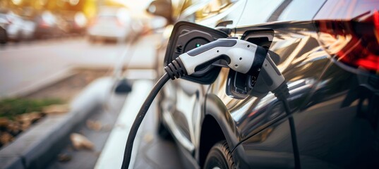 Ev charger plug connecting to electric vehicle port, recharging at station, modern car design