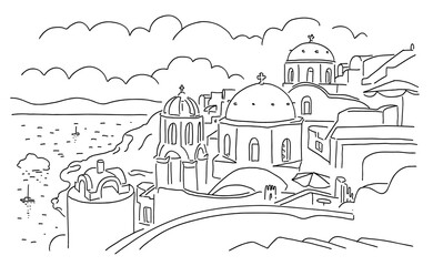 Santorini island, Greece. Beautiful traditional white architecture and Greek Orthodox churches with blue domes over the caldera, Aegean Sea. Linear head illustration