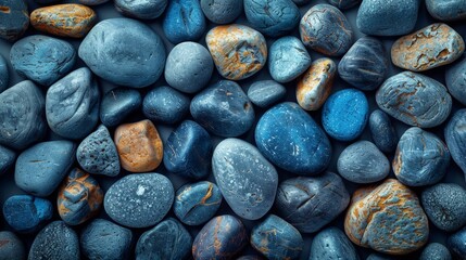 An abstract background of blue pebbles. Stone background with blue vintage color. A sea pebble beach with turquoise stones. Natural beauty. - obrazy, fototapety, plakaty