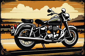 Vintage classic motorcycle on a highway. illustration of a vintage motorbike. antique motorbike. Vintage motorbike on a freeway.  Antique motorbike.  Classic Motor bike on highway road.  Bike.