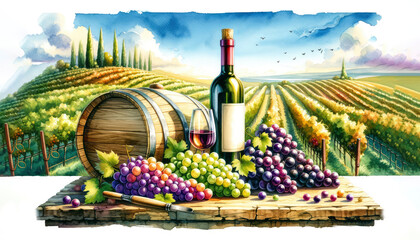 Fototapeta premium Illustration of a vintage wine bottle and glass with a lush grapes cluster in front of a barrel, overlooking a vineyard. generative ai
