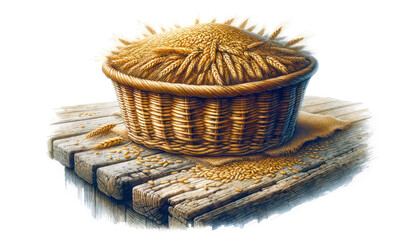 Obraz premium Artistic illustration showcasing a woven basket filled with grains alongside wheat ears on a rustic wooden board. Generative ai