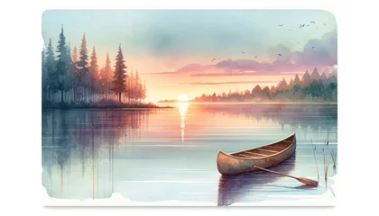 Foto op Canvas Watercolor painting of a solitary canoe on a placid lake reflecting the radiant colors of a sunset with a forest silhouette. Generative ai  © MINA