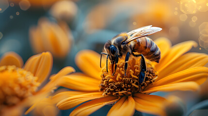 bee on flower with spring background - obrazy, fototapety, plakaty
