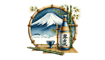 A traditional Japanese sake set with a picturesque Mount Fuji backdrop, framed by a bamboo circle.
Generative ai
