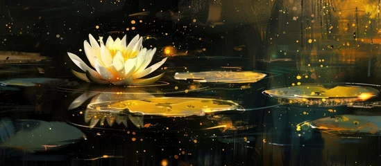 Tuinposter A white water lily peacefully floats on the dark waters of a lake, its petals reflecting off the surface under the bright sunlight. © 2rogan