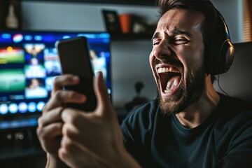 selective focus of screaming man in headphones playing video game on smartphone. Online Casino and Betting Concept with Copy Space. Gambling Concept. - Powered by Adobe