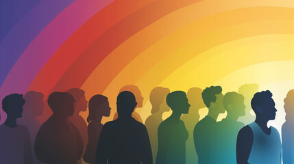 A group of people are standing in a rainbow line, generative ai