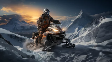 Fotobehang Riding snowmobile on the top of the mountain © Bhanuka