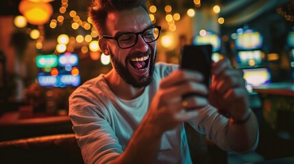 Cheerful young man playing video game on mobile phone in pub. Online Casino and Betting Concept with Copy Space. Gambling Concept.