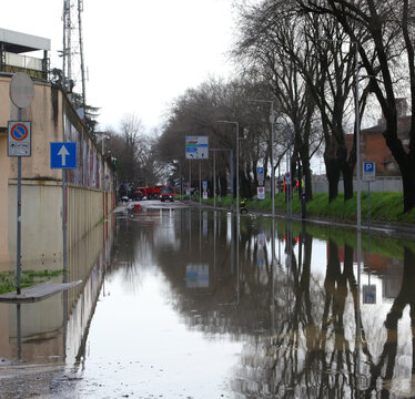 street of the city flooded after the flooding of the river due to the torrential rain and the sewage system