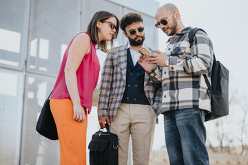 Three young professionals engage in a business conversation outdoors in a downtown city setting, reviewing content on a smart phone.