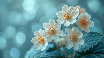 An image of spring forest white primroses on a beautiful blue background. Soft, hazy background, with free space for text. Soft, romantic image, free space for text.