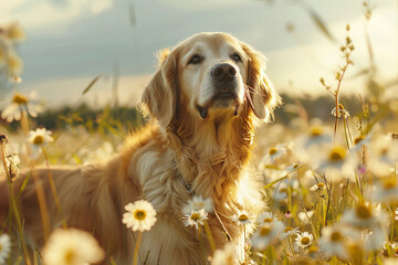 A golden retriever is standing in a field of yellow flowers, generative ai