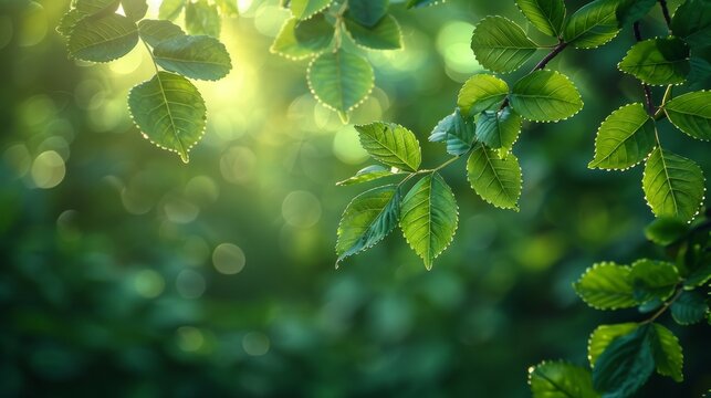 A spring background with a blurred background of green tree leaves
