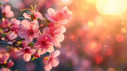 This is a beautiful nature scene with blossoming tree and sun flare on a sunny day. Spring flowers. Beautiful orchard. Abstract blurred background. Springtime.