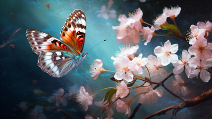 Natures Delicate Dance Butterfly on Blossoms butte - obrazy, fototapety, plakaty