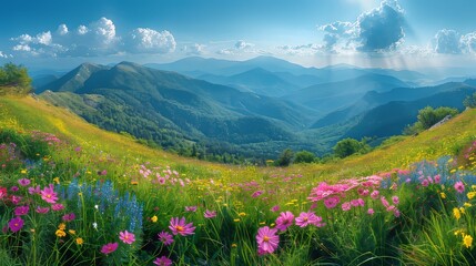 Fototapeta na wymiar Stunning countryside view of Romania. Sun-filled afternoon. Beautiful springtime landscape. Rolling hills and grassy fields.