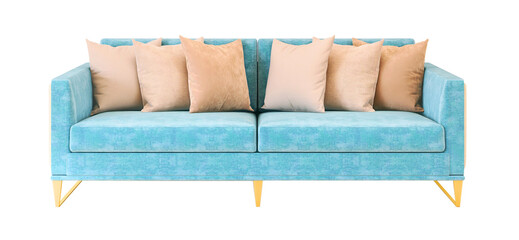 Blue sofa with rose gold pillows isolated on transparent background. 3D render.