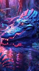 Fototapeta premium Cybernetic crocodile in a bioengineered swamp futuristic wildlife neon scales blend of nature and tech