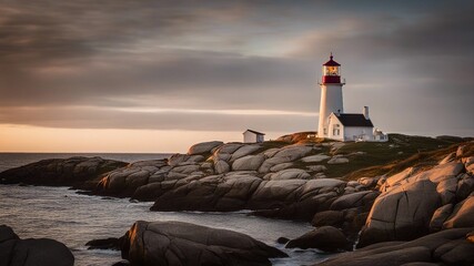 lighthouse at dusk While traveling, I visted Peggy`s Cove Lighthouse near Halifax,   - obrazy, fototapety, plakaty