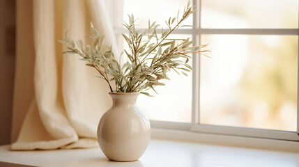 Olive Branches in a Beige Vase A Cozy and Minimal - obrazy, fototapety, plakaty