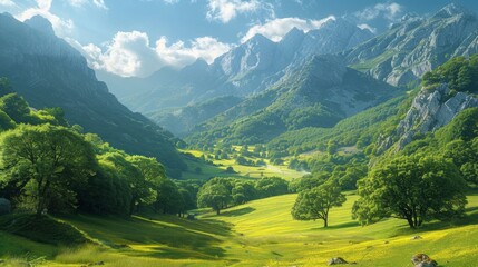 In the Spanish highlands of Asturias, a beautiful lush green valley framed by trees and colorful grass is photographed against the picturesque high mountains.