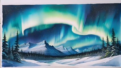 Generative AI landscape illustration, aurora borealis, northern lights at snow mountains 