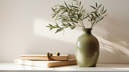 Olive Branches in a Beige Vase A Cozy and Minimal - obrazy, fototapety, plakaty